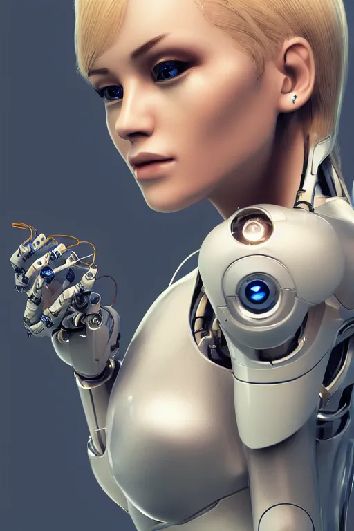 Image similar to a beautiful woman with blonde hair wearing robot suit with wires and light, highly detailed, photorealistic, artstation, smooth