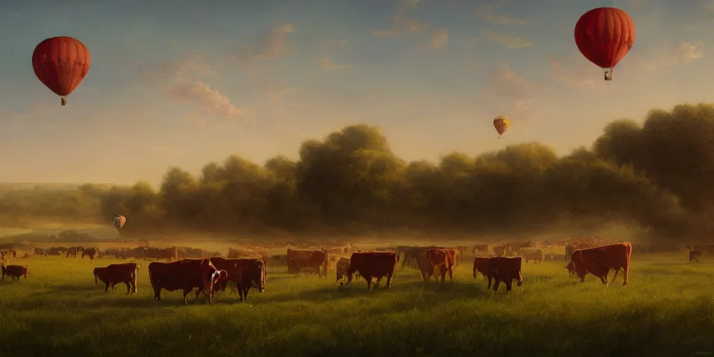 Image similar to a red hot air balloon flies above a field of cattle on a beautiful summer morning, English countryside, fields, cows, matte painting by Greg rutkowski, early morning light, trending on artstation, cinematic lighting, deviantart,