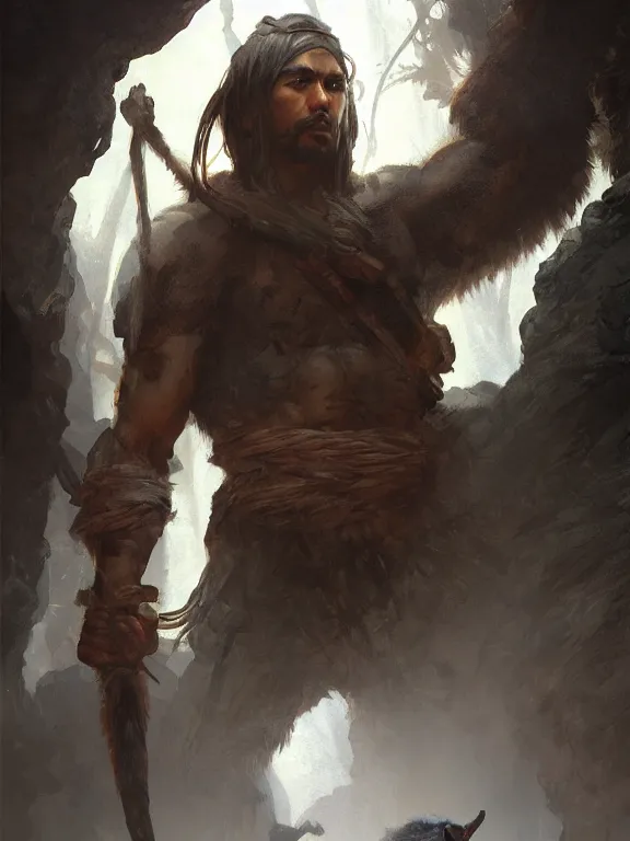 Prompt: male warrior is blessed by the black bear god, inside a cave, highly detailed, detailed face, smooth, sharp focus, chiaroscuro, digital painting, artgerm, greg rutkowski, alphonse mucha, octane render