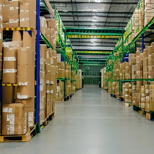 Prompt: a picture of a warehouse full of boxes with green square outlines over each one