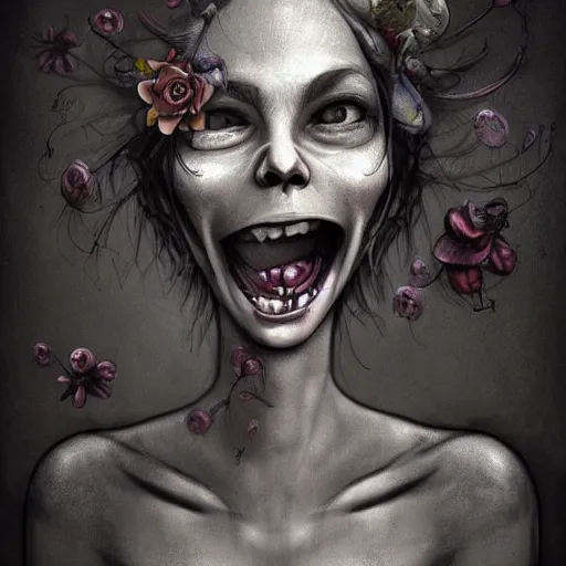 Prompt: grunge cartoon sketch of a human mixed with a flower with a wide smile by - michael karcz, loony toons style, horror theme, detailed, elegant, intricate