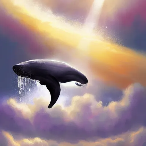 Prompt: digital painting of a whale flying through the clouds. dramatic lighting. god rays. by artem rhads chebokha