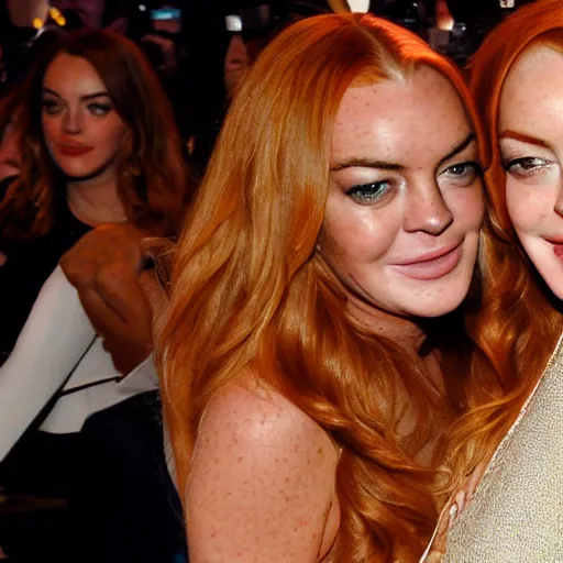 Image similar to Selfie photograph of Lindsay Lohan and Lindsay Lohan, golden hour, 8k,