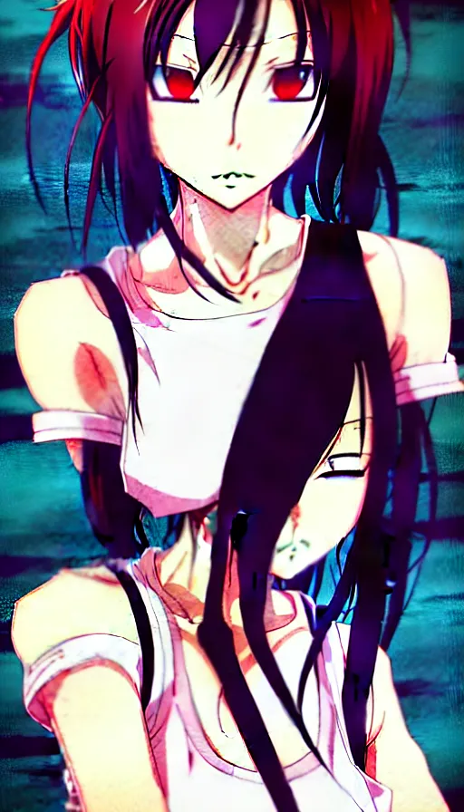 Image similar to style of madhouse anime, rei hiroe, loish, artgerm, revy from black lagoon, symmetrical eyes and symmetrical face, jean shorts, white tank top, full body, on a boat, smirk on face, evening