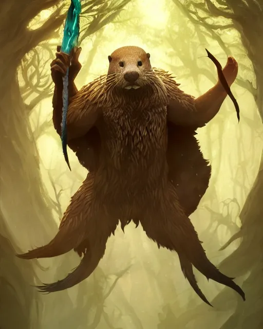 Image similar to Otter Shapeshifter Druid Mage, D&D, artstation, fantasy, magic the gathering artwork, cinematic lighting, centered, symmetrical, highly detailed, digital painting, , concept art, smooth, sharp focus, illustration, volumetric lighting, epic Composition, 8k, art by Akihiko Yoshida and Greg Rutkowski and Craig Mullins, oil painting, cgsociety