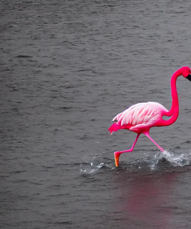 Prompt: breaking news : giant pink flamingo walking through the flooded roads of new york after heavy rainfalls, professional photography taken from a helicopter