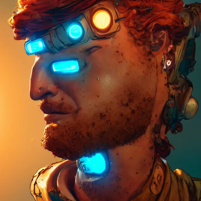 Image similar to glowwave portrait of curly orange hair man from borderlands 3, au naturel, hyper detailed, digital art, trending in artstation, cinematic lighting, studio quality, smooth render, unreal engine 5 rendered, octane rendered, art style by klimt and nixeu and ian sprigger and wlop and krenz cushart.