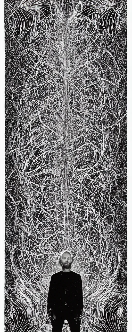 Prompt: disco diffusion portrait of Thom Yorke, hiding in the bushes looking shifty:: cosmic tarot card, intricate fractal details, broken physics, fanciful floral mandelbulb, black paper, style of Stanley Donwood