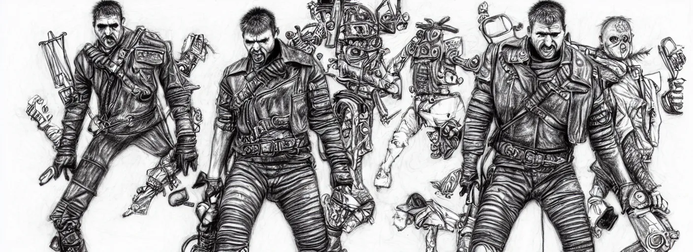 Prompt: mad max the road warrior walking silly in the ministry of silly walks, pencil drawing by james jean, very silly