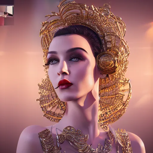 Image similar to innovative avant-garde art, deco fashion, royal theme, highly detailed, photorealistic portrait, golden hour, crisp quality and light reflections, unreal engine 5 quality render