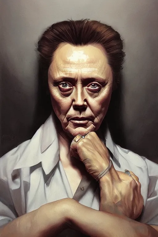 Prompt: portrait of christopher walken with an eyebrow piercing, high quality painting by artgerm and greg rutkowski and alphonse mucha