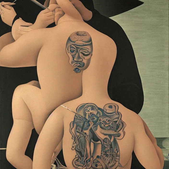 Prompt: close up of man tattooing the back of a woman. painting by gertrude abercrombie, fra angelico, henri rousseau, utamaro