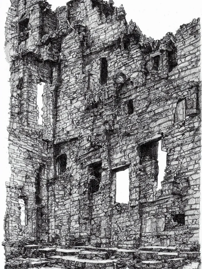 Image similar to A pen drawing of a dilapidated ancient castle building in the wood, by Juan Francisco Casas, high detailed