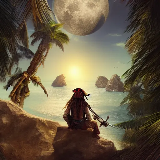 Prompt: Captain Jack Sparrow is looking all over an island for his rum, where is his rum, why is the rum gone, the moon is rising on the horizon, star glistening in the night, hyperdetailed, artstation, cgsociety, 8k