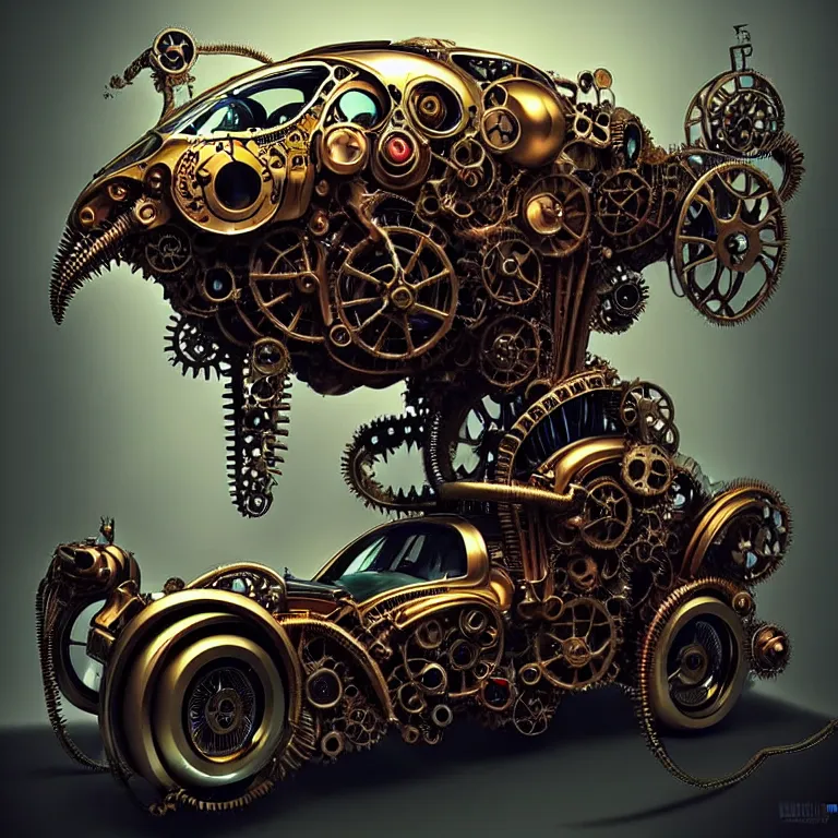 Prompt: biomechanical shiny steampunk vehicle reminiscent of very fast sportscar with robotic parts and (glowing) lights parked in ancient lush palace, gothic and baroque, brutalist architecture, ultradetailed, creepy ambiance, fog, artgerm, giger, Intricate by Ellen Jewett and Josan Gonzalez and Giuseppe Arcimboldo