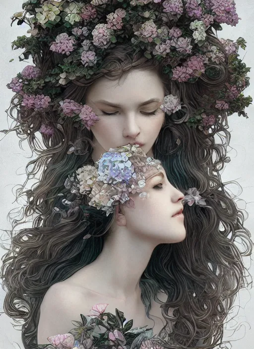 Image similar to a photographic portrait of a anthropomorphic hydrangea blossom goddess spirit, fantasy, wind blowing hair, intricate, elegant, highly detailed, digital painting, artstation, concept art, smooth, sharp focus, illustration, art by artgerm and h r giger and alphonse mucha