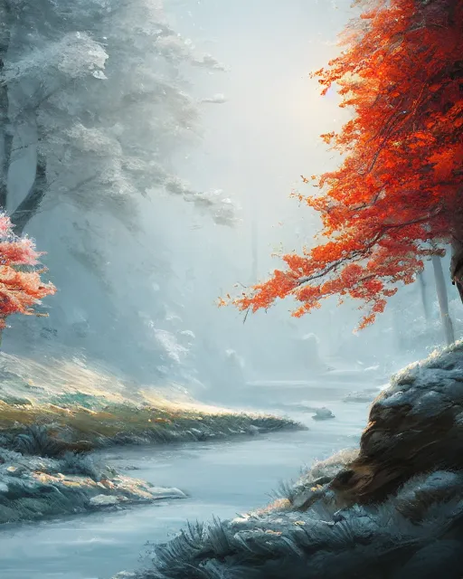 Image similar to spring, summer, fall and winter in a day, landscape, dreamy, cinematic lighting, highly detailed, digital painting, trending on artstation, pixiv, concept art, sharp focus, illustration