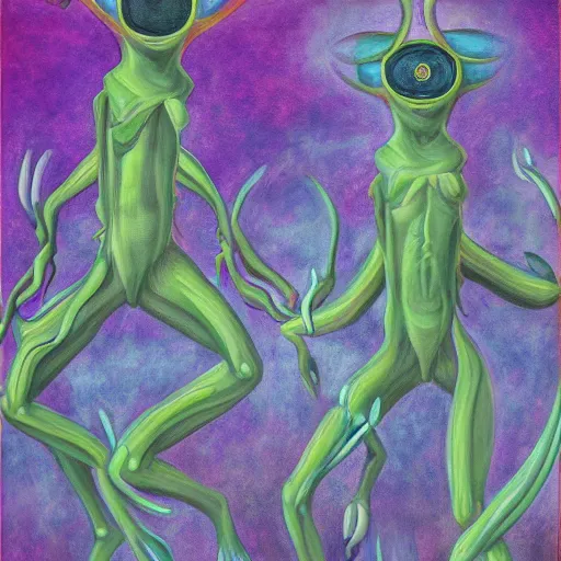 Prompt: an anthromorphic alien cult, 8 arms, by amanda clark in a psychedelic style, oil on canvas