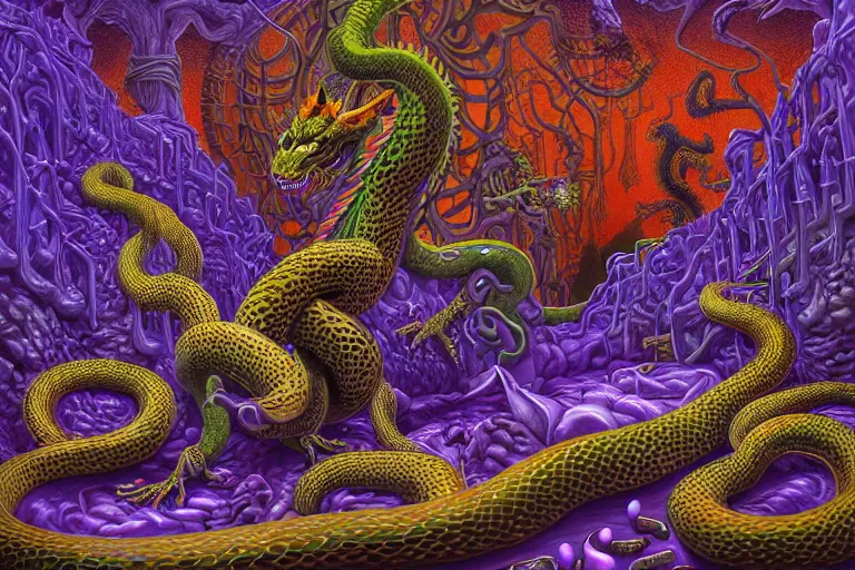 Image similar to a detailed digital art painting of a cyberpunk magick oni dragon with occult futuristic effigy of a beautiful field of mushrooms that is a adorable leopard atomic latent snakes in between ferret biomorphic molecular hallucinations in the style of escher, alex grey, stephen gammell inspired by realism, symbolism, magical realism and dark fantasy, crisp,