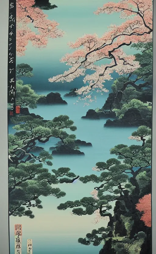 Image similar to japanese inspired poster, beautiful japanese architecture and nature, oil on canvas, japanese art beautiful aesthetic