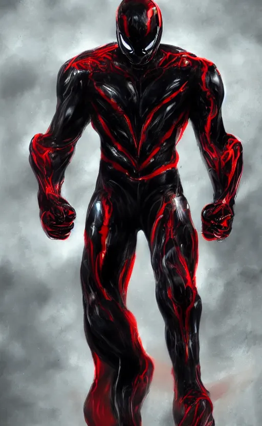 Image similar to venom in a venom inspired ironman suit, black and red, dynamic lighting, photorealistic fantasy concept art, trending on art station, stunning visuals, terrifying, creative, cinematic