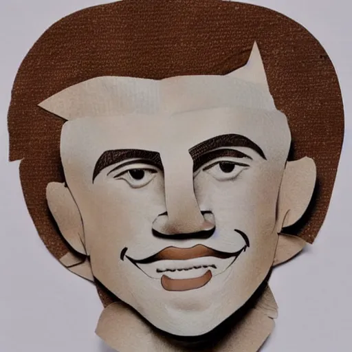 Prompt: a layered paper portrait of a caucasian man with wavey short hair, friedly smile, raised eyebrows