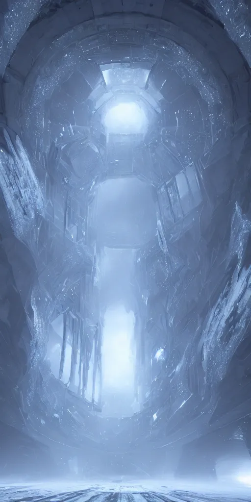Image similar to interdimensional galaxy portal covered in frost, hugh ferriss, ice gate, volumetric light, volumetric fog, unreal engine, photorealistic, 8 k