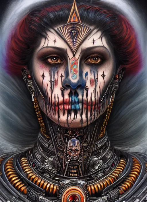 Image similar to hyper detailed masterpiece undead aztec face tattoo warrior by donato giancola and tom bagshaw, face by artgerm and edmund leighton, and h. r. giger, trending on artstation, colorful, psychedelic aesthetic, ornate, background by james jean, 8 k, biomechanical, majestic, volumetric lighting, porcelain skin, concept art, sharp focus