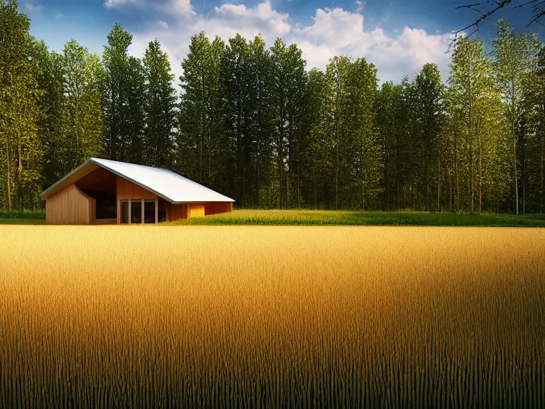 Image similar to hyperrealism design of beautiful eco house around the forest in small ukrainian village by taras shevchenko, wheat field behind the house