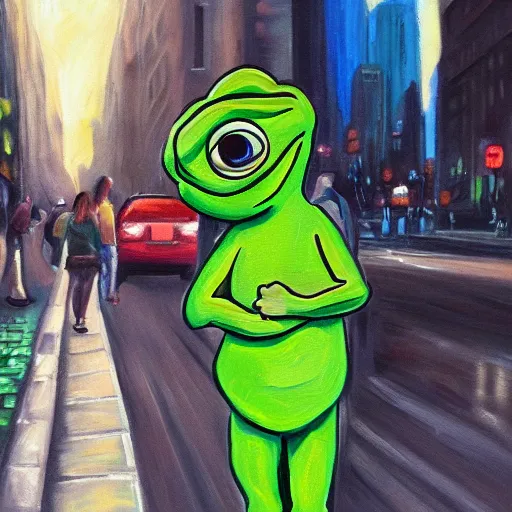 Image similar to pepe the frog is depressed on the streets of new york city, oil painting, realism, high quality, detailed, 4 k