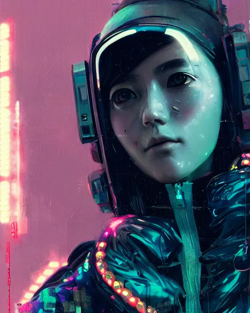 Image similar to detailed portrait Neon Operator Girl, cyberpunk futuristic neon, reflective puffy coat, decorated with traditional Japanese ornaments by Ismail inceoglu dragan bibin hans thoma greg rutkowski Alexandros Pyromallis Nekro Rene Maritte Illustrated, Perfect face, fine details, realistic shaded, fine-face, pretty face