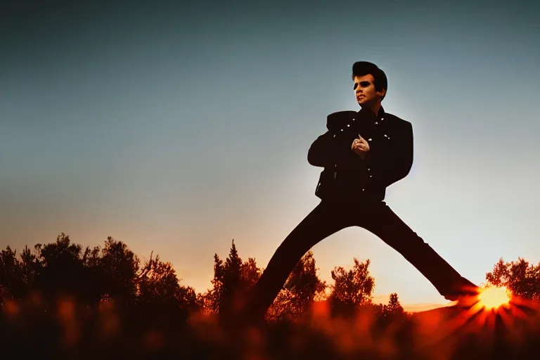 Image similar to 5 0 mm dslr photograph of a moody elvis presley at sunset, ethereal dancing in the center, photography, panoramic view, hyperdetailed, lightroom preset, photorealistic, unsplash