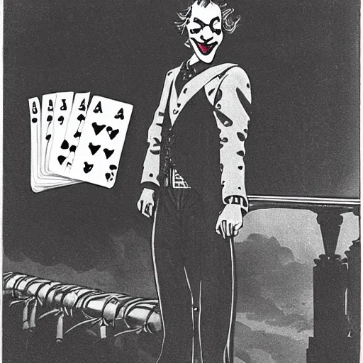 Prompt: A joker stands on the observation deck of a dirigible, facing a combat formation, ready to use playing cards in the following stage.