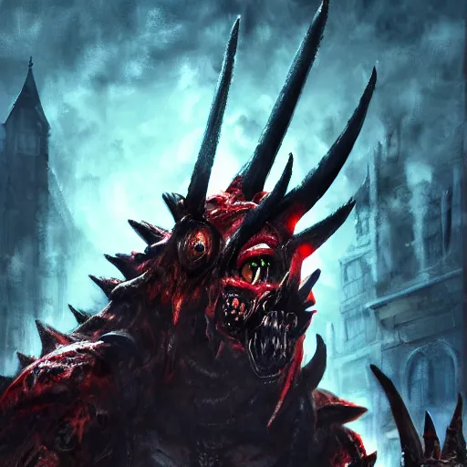 Image similar to concept art of bowser with huge horns and scales and talons, resident evil, horror, occult, terror, mist, volumetric render, digital painting, detailed painting