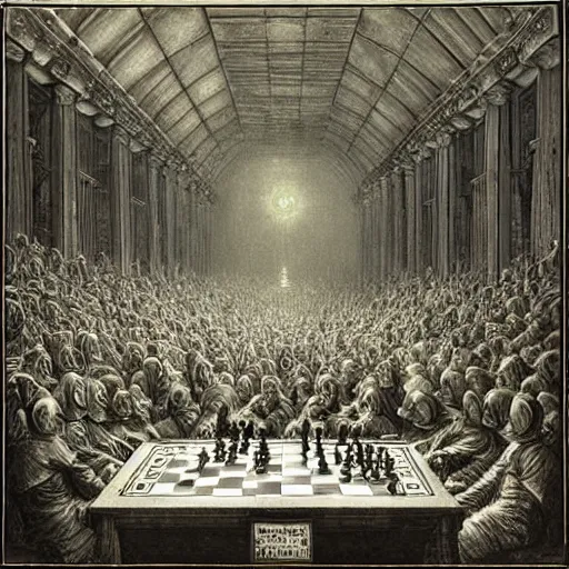 Image similar to the most epic chess game in all of time and space, by gustave dore, cinematic, heavy metal album cover