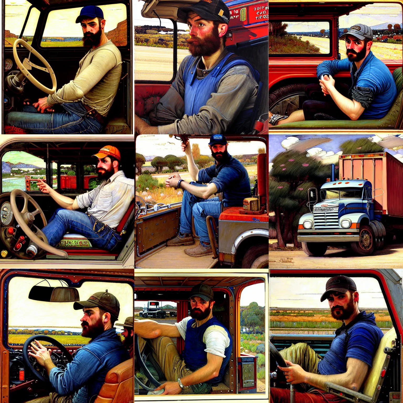 Prompt: beautiful painting of a transport truck driver sitting in his truck, interior, detailed face, trucker hat, painting by john william waterhouse and james gurney and theodore ralli and nasreddine dinet