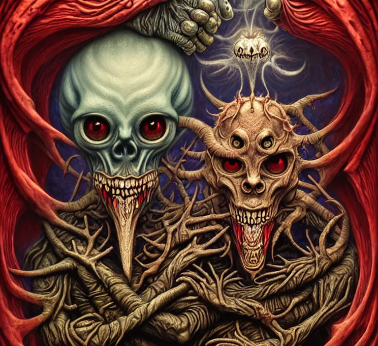 Image similar to A beautiful detailed grotesque monster super cute tarot card, by tomasz alen kopera and Justin Gerard, symmetrical features, ominous, magical realism, texture, intricate, ornate, royally decorated, skull, skeleton, whirling smoke, embers, red adornements, red torn fabric, radiant colors, fantasy, trending on artstation, volumetric lighting, micro details, 3d sculpture, ray tracing, 8k, anaglyph effect, digital art