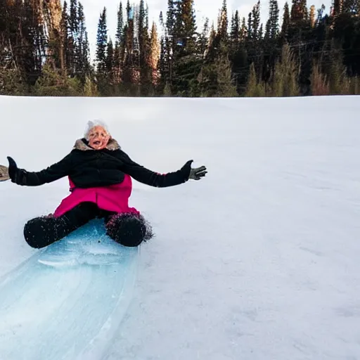 Image similar to professional photo, an elderly woman sliding down an incredibly long ice luge on her back at incredibly high speeds