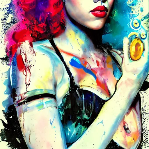 Image similar to scarlett johansson as delirium from sandman, ( hallucinating colorful soap bubbles ), by jeremy mann, by sandra chevrier, by dave mckean and richard avedon and maciej kuciara, punk rock, tank girl, high detailed, 8 k