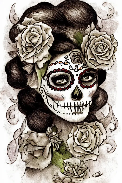 Prompt: Illustration of a sugar skull day of the dead girl, art by john la farge