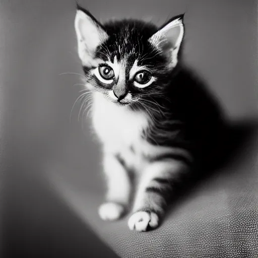 Image similar to a portrait photo of a cute kitten wearing a tuxedo by edward weston, auto graflex, 2 1 0 mm ƒ / 6 4 zeiss tessar, agfa isopan iso 2 5, pepper no. 3 5, 1 9 3 0, high quality photo, highly detailed, studio lighting, fine - art photography, tack sharp