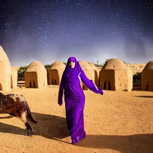 Prompt: low shot photo of feminine and lean arab woman wearing a long purple dress, strutting and looking fierce, with najdi mud houses in the background, early evening, starry sky, in the style of annie leibovitz amd steve meiele