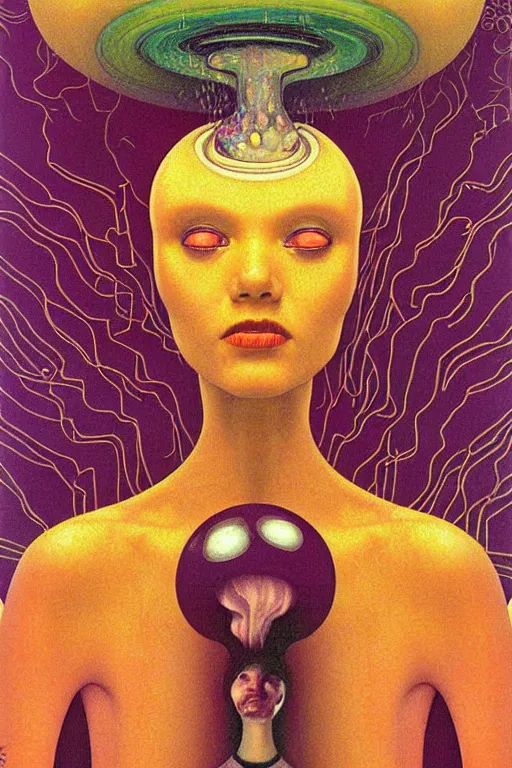 Image similar to 8 0 s art deco close up portait of mushroom head with big mouth surrounded by spheres, rain like a dream oil painting curvalinear clothing cinematic dramatic cyberpunk fluid lines otherworldly vaporwave interesting details epic composition by basquiat artgerm rutkowski moebius francis bacon gustav klimt