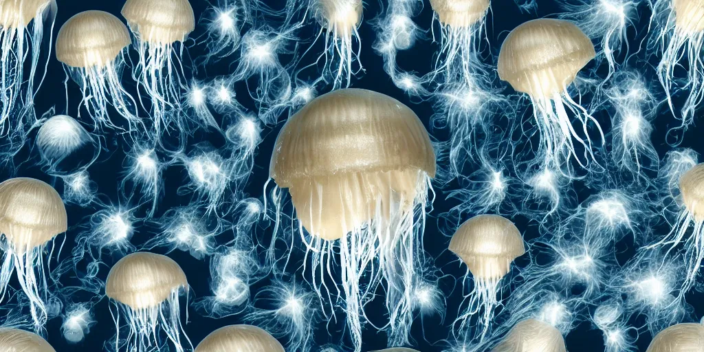 Image similar to hamburger mix jellyfish, cg, 8 k, surrealistic, sharp focus, silver color, super resolution, style by andy warhol