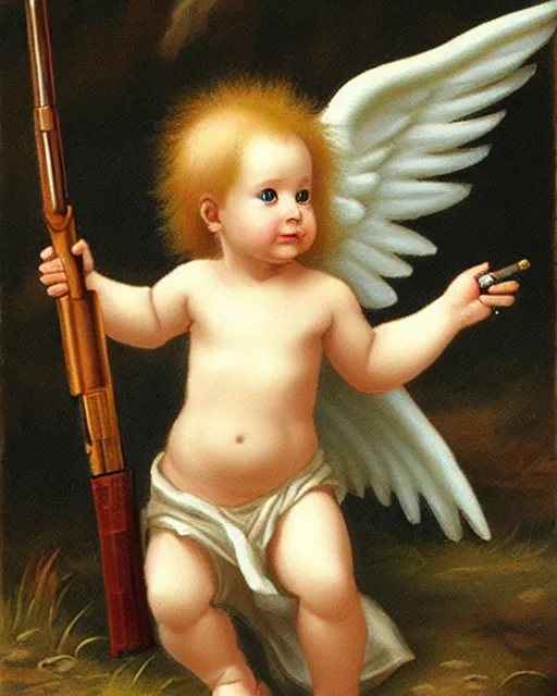 Prompt: fantasy art of a baby angel with shotgun, haven