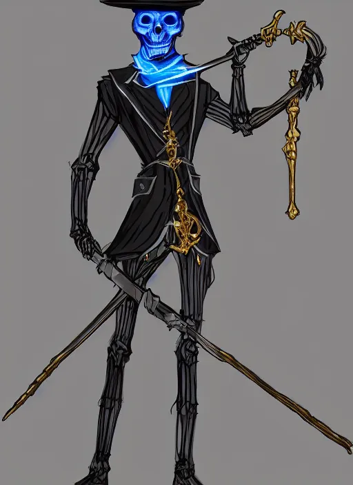 Image similar to DND character art, skeletal male figure, wearing a deep black suit!!! and tie and top hat, holding a gold! cane!, blue flames in background, blue flames