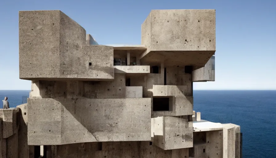 Image similar to big brutalist base perched on a cliff overlooking a magnificient bay, drawing architecture, pritzker architecture prize, greig fraser