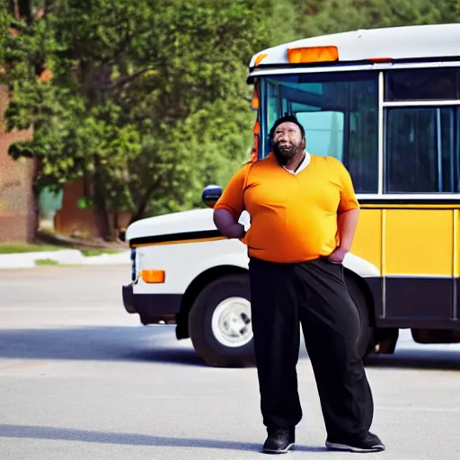 Image similar to overweight african american male school bus driver with dreads, wearing shorts with chubby legs, big moe, symmetric face, photo