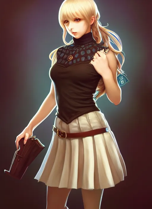 Image similar to portrait of a full body of beautiful young female detective, d & d, sleeveless turtleneck, pleated skirt, fantasy, flat lighting, intricate, highly detailed, digital painting, artstation, concept art, smooth, sharp focus, illustration, misa amane, art by simon bisley and greg rutkowski and alphonse mucha, natural tpose