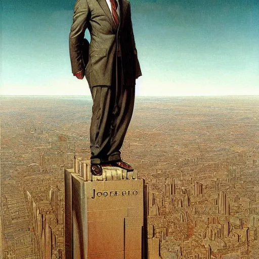 Image similar to portrait of immense, majestic, surreal, terrifying joe!!!! biden!!! standing triumphant over the city, perfectly clear face, by j. c. leyendecker, bosch, and beksinski